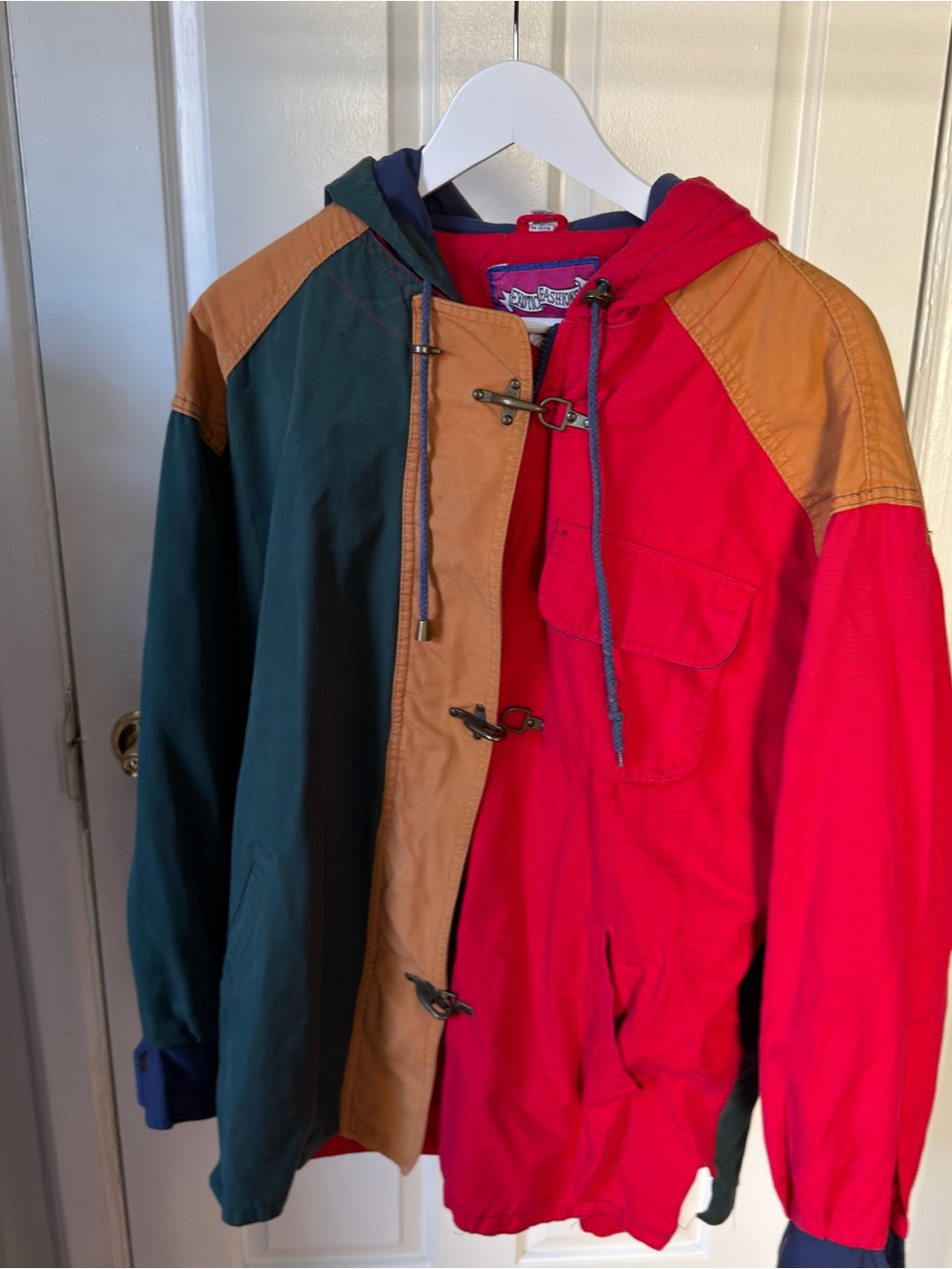 Vintage Colorblock Hooded Jacket - Red, Green & Tan